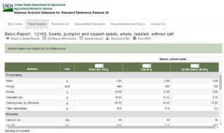 Screenshot Pumpkin Seed Oil Nutrient Values