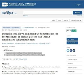 Screenshot Pumpkin seed oil vs. minoxidil 5% topical foam for the treatment of female pattern hair loss: A randomized comparative trial